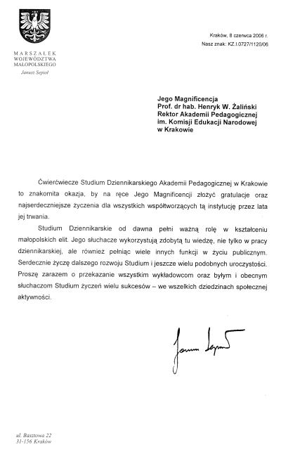 List od Marszałka Województwa Małopolskiego